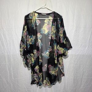 Mudd Floral Kimono Wrap Sheer Chiffon Ruffle Sleeve Black Multi Color Boho Layer